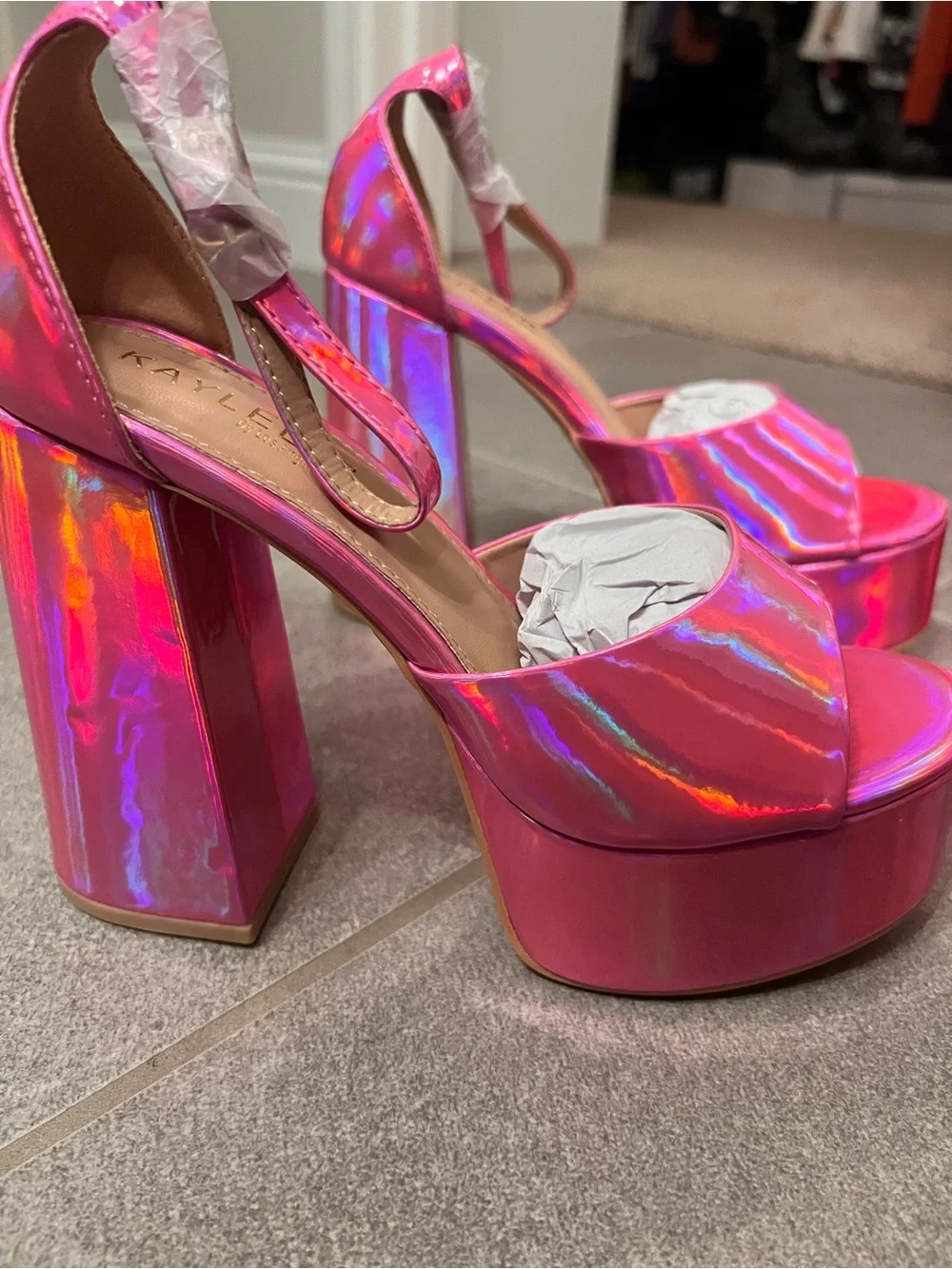 New Holographic Pink Patent Leather Platform Chunky Heels - Iridescent Metallic